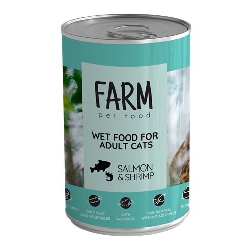 FARM ALIMENTATION HUMIDE POUR CHAT AU SAUMON CREVETTES, 360G