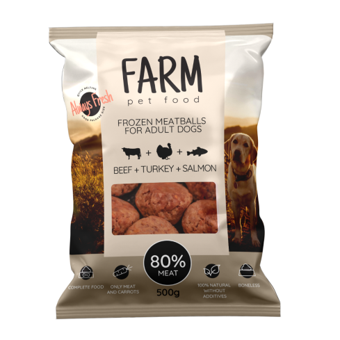 FARM BOULETTES DE VIANDE DE BOEUF DINDE ET SAUMON, 500G