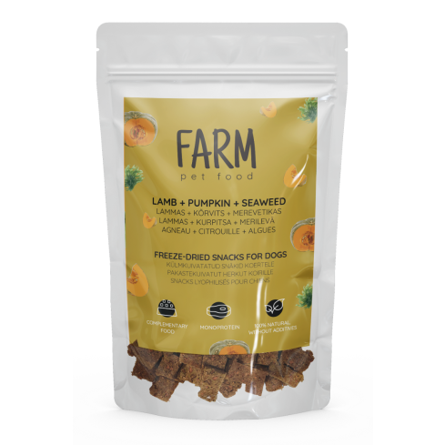 FARM SNACKS NATURELS POUR CHIENS À L’AGNEAU, POTIRON ET ALGUES, 80G